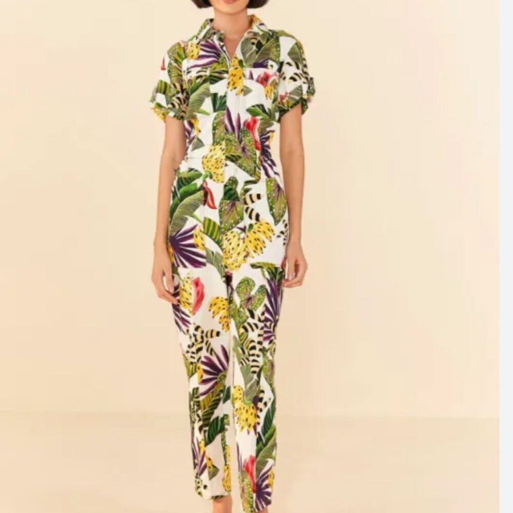 FARM Rio White Tropical Print Short-Sleeve Jumpsuit